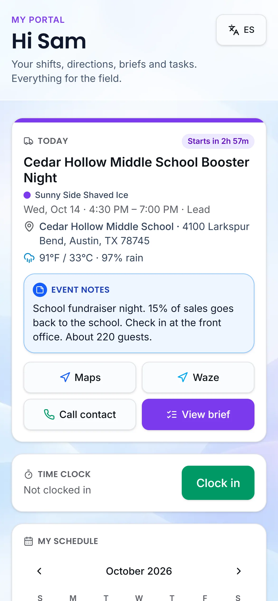 The crew page on a phone: today’s event with the address, the truck and the clock-in button