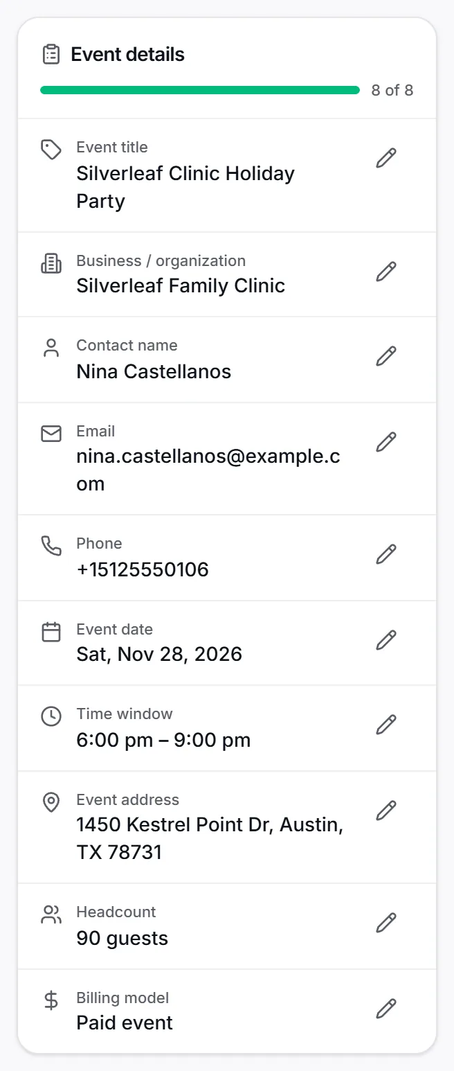 A catering lead in CurbsideOps with the event title, date, time window, address, headcount and contact filled in from the customer’s email