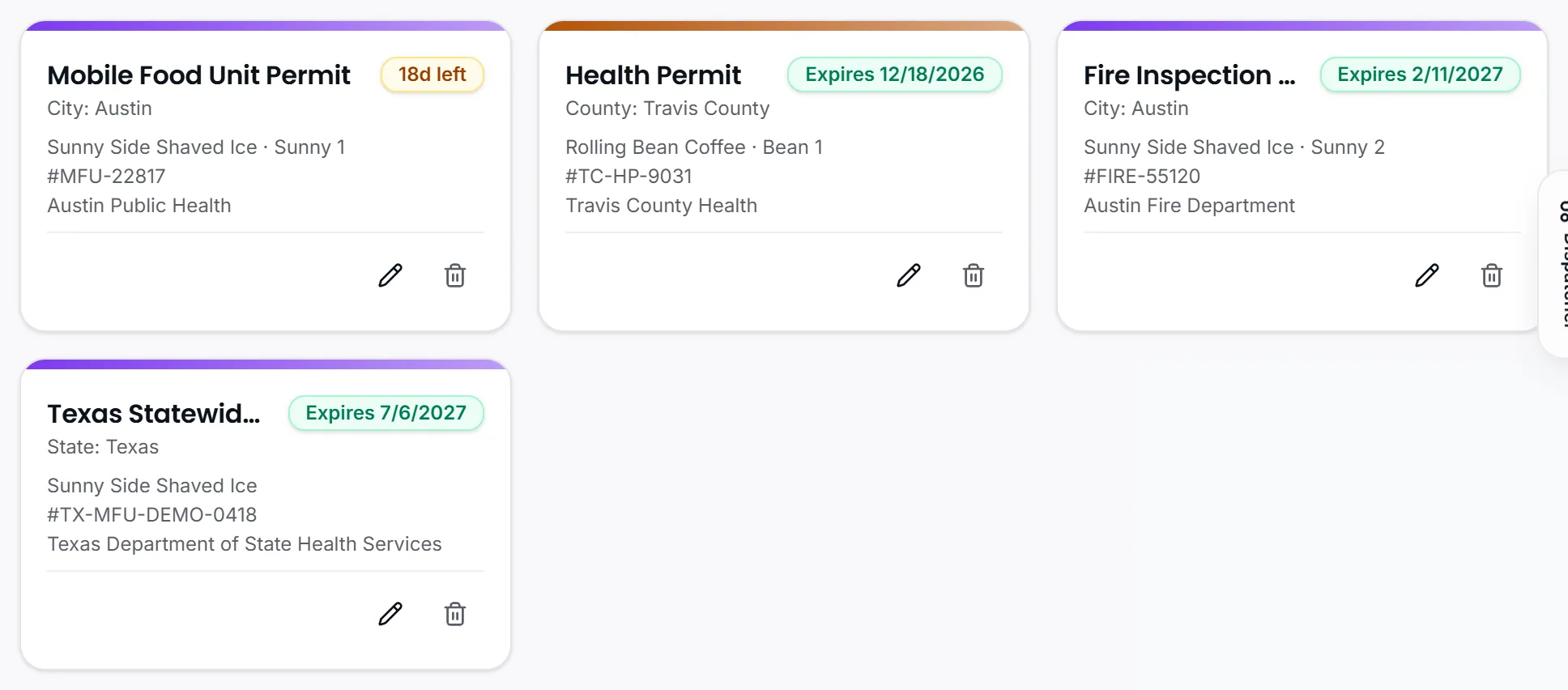 The permits list in CurbsideOps with each truck’s permits and the days left before each one expires