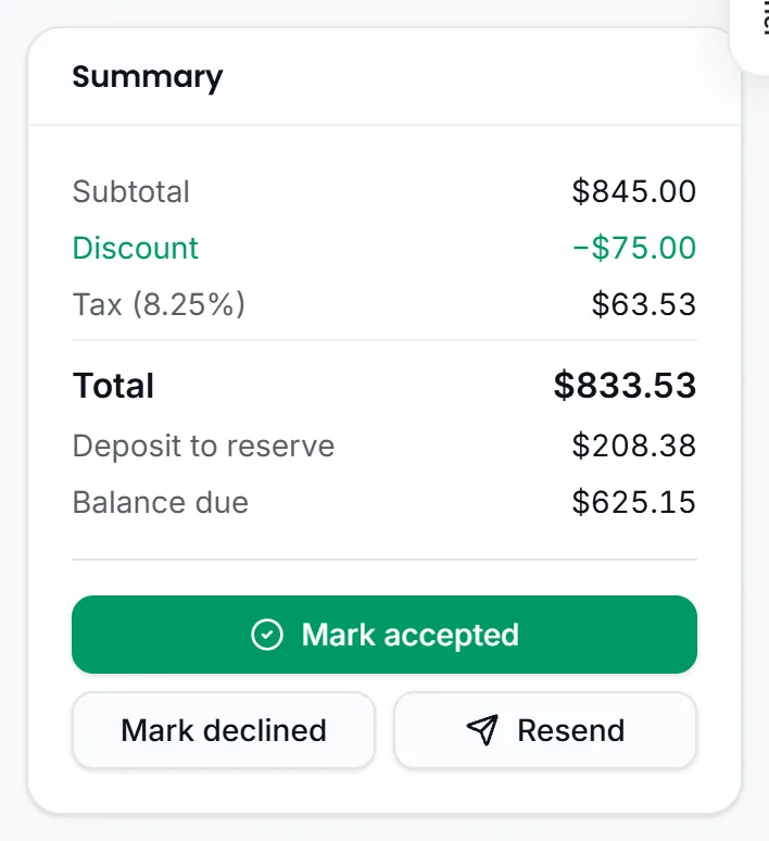 A CurbsideOps proposal showing the package, the deposit and the accept button the customer sees