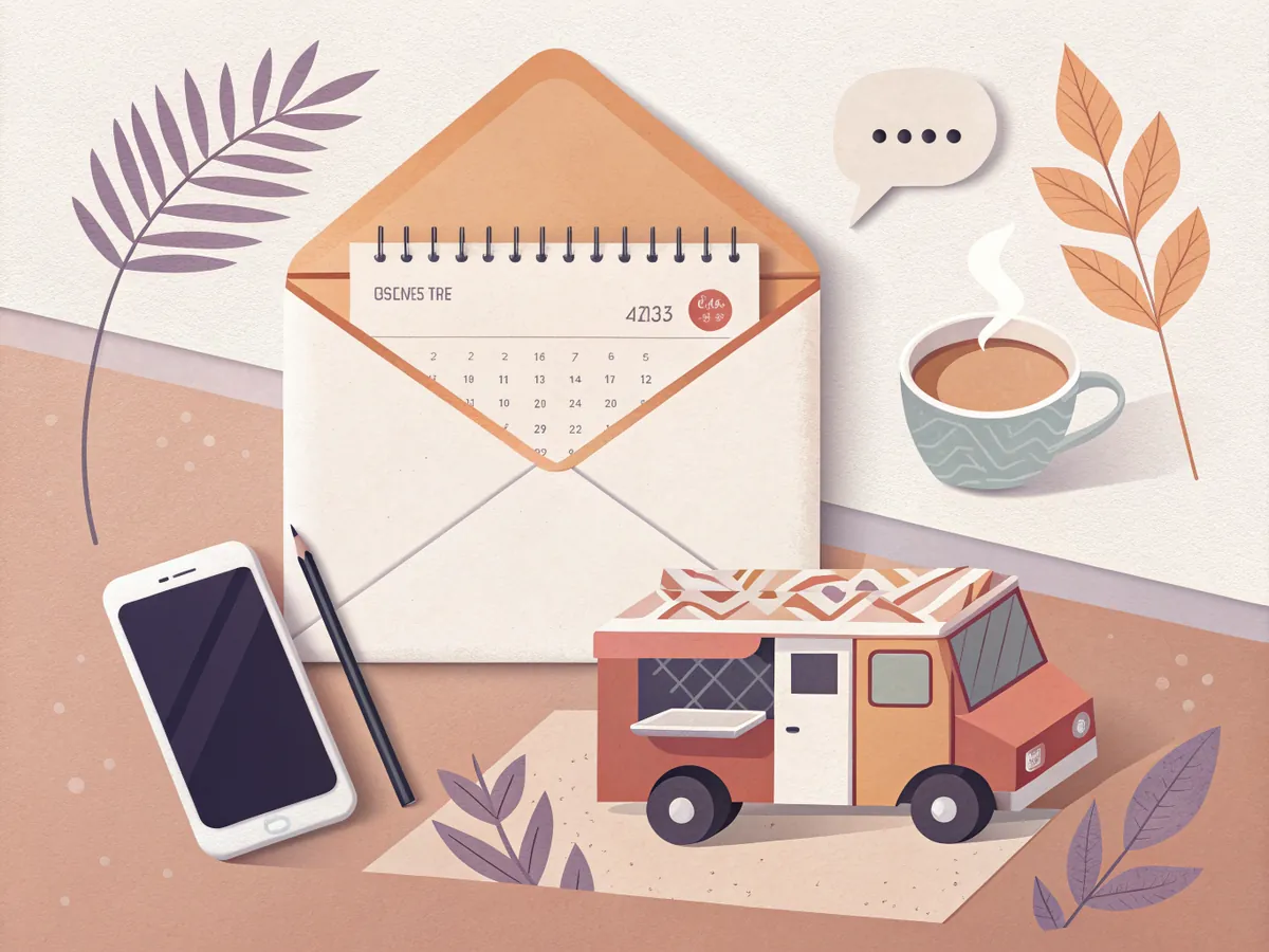 Illustration of an open envelope with a calendar page and a small food truck rising out of it