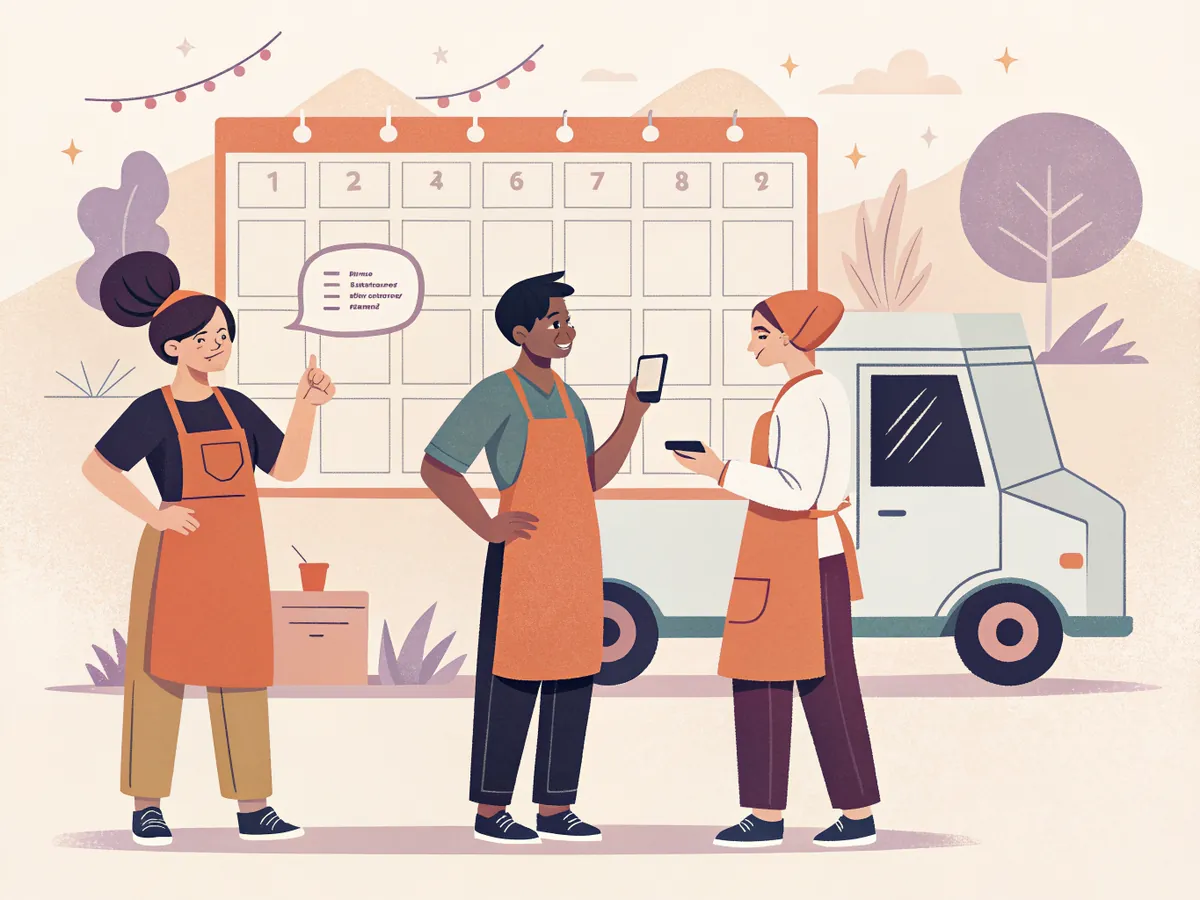 Illustration of three crew members in aprons in front of a weekly calendar board