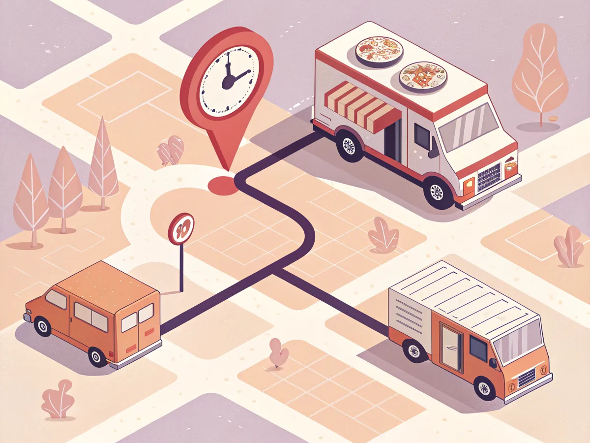 Illustration of a city map from above with a route drawn from a food truck to a location pin