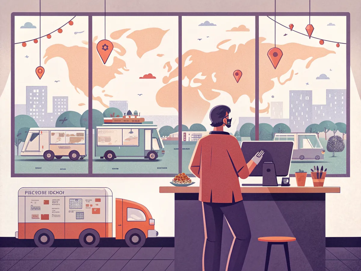Illustration of an operator at a desk looking out over a yard full of food trucks