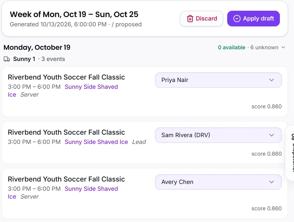 CurbsideOps schedule drafts for a week, each open event with a proposed crew member and a fit score