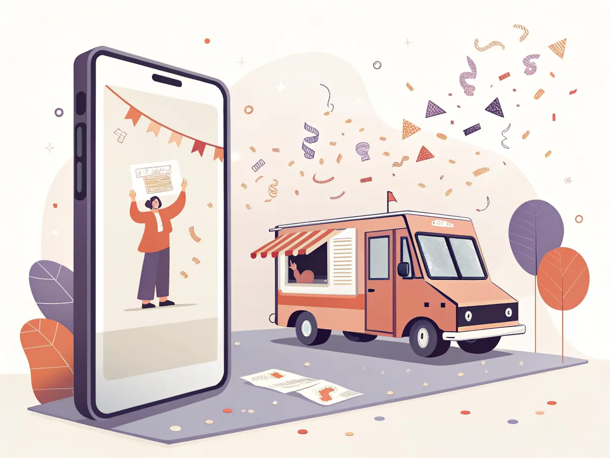 Illustration of a poster sliding out of a phone with confetti and a food truck